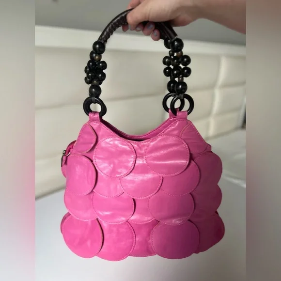 Vintage Leather Barbie Pink Tote Bag with petals and beads - Picture 7 of 7